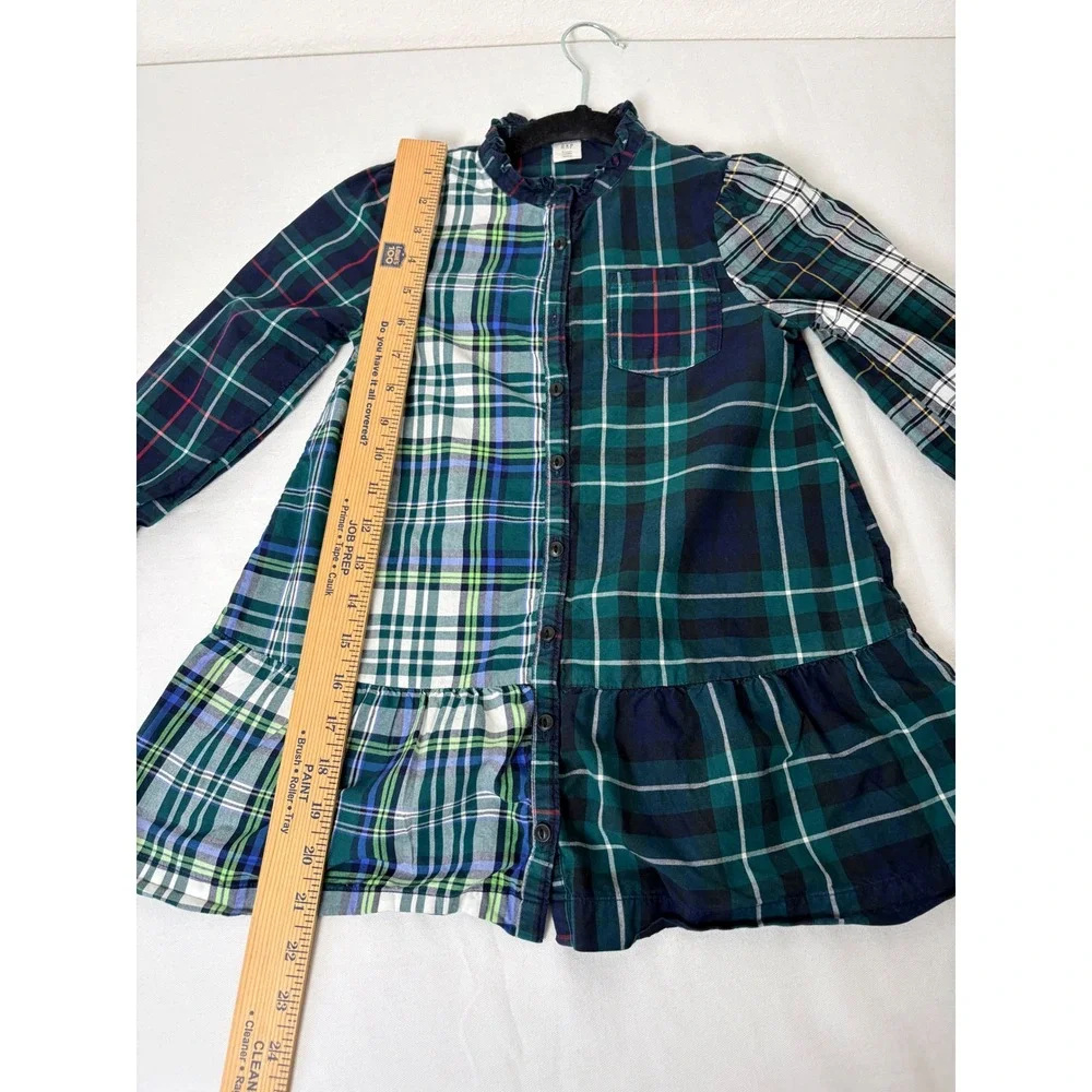 Gap Toddler Girls Green Mixed Plaid Ruffle Collar Shirt Dress Size 5 Years